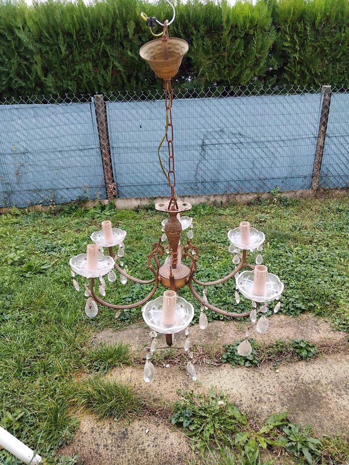 Ancien lustre 5 feux à pampilles de style Louis XV / complet en état de marche - Photo 4/4