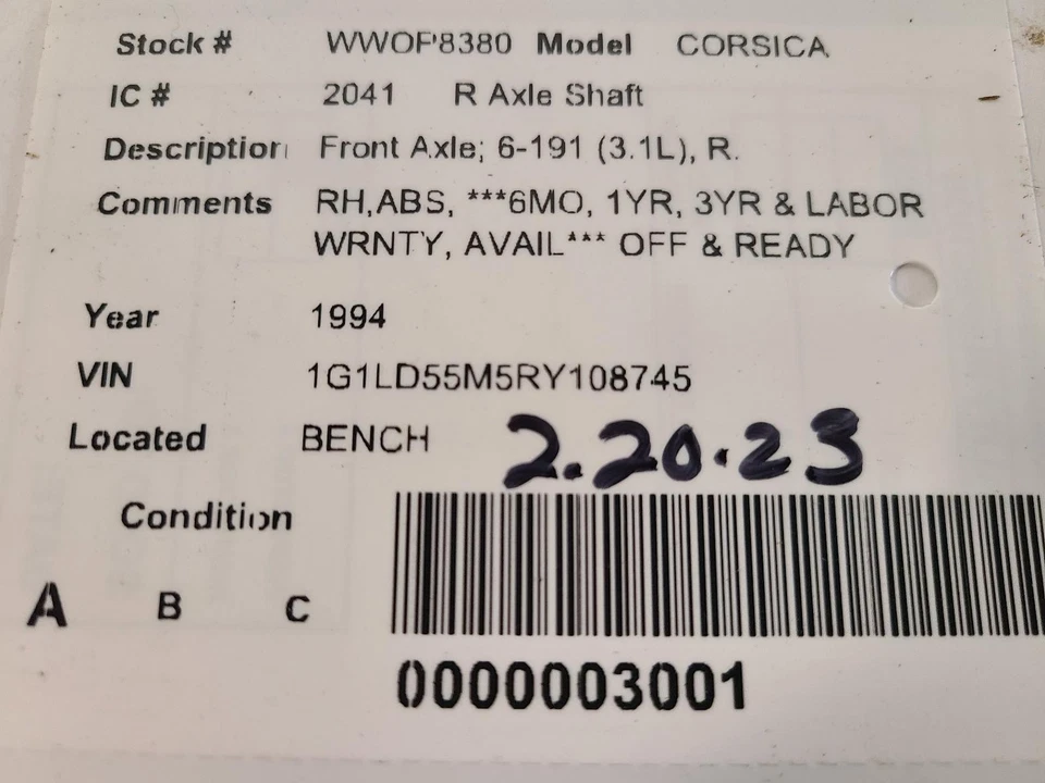 Eje de transmisión delantero derecho usado se adapta a: Chevrolet Corsica 1994 eje delantero 6-191 Foto 4 de 4