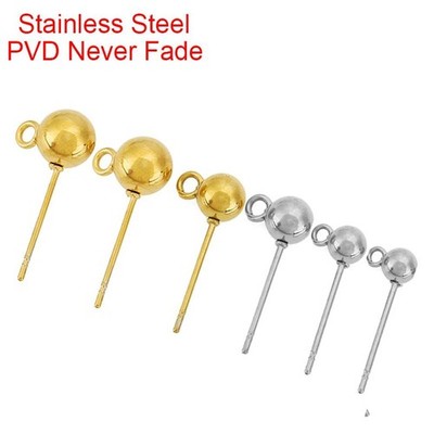 20pcs Pvd Never Fade Stainless Steel Stud Earrings Post Pins with Loop 4 5 6 8 M