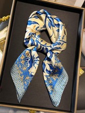 Silky Scarf Women Blue Cream Large Floral Kerchief Square Bandana Wrap 68 68cm