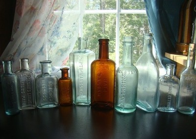 ANTIQUE 1880's- 1890's EMBOSSED 10 PIECE LOT OF MIXED MEDICINE & PRODUCT BOTTLES