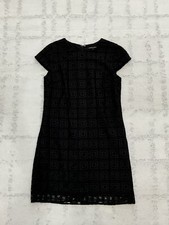 CYNTHIA STEFFE Black on Black Geometric Pattern Cap Sleeve Shift Dress Women's 6
