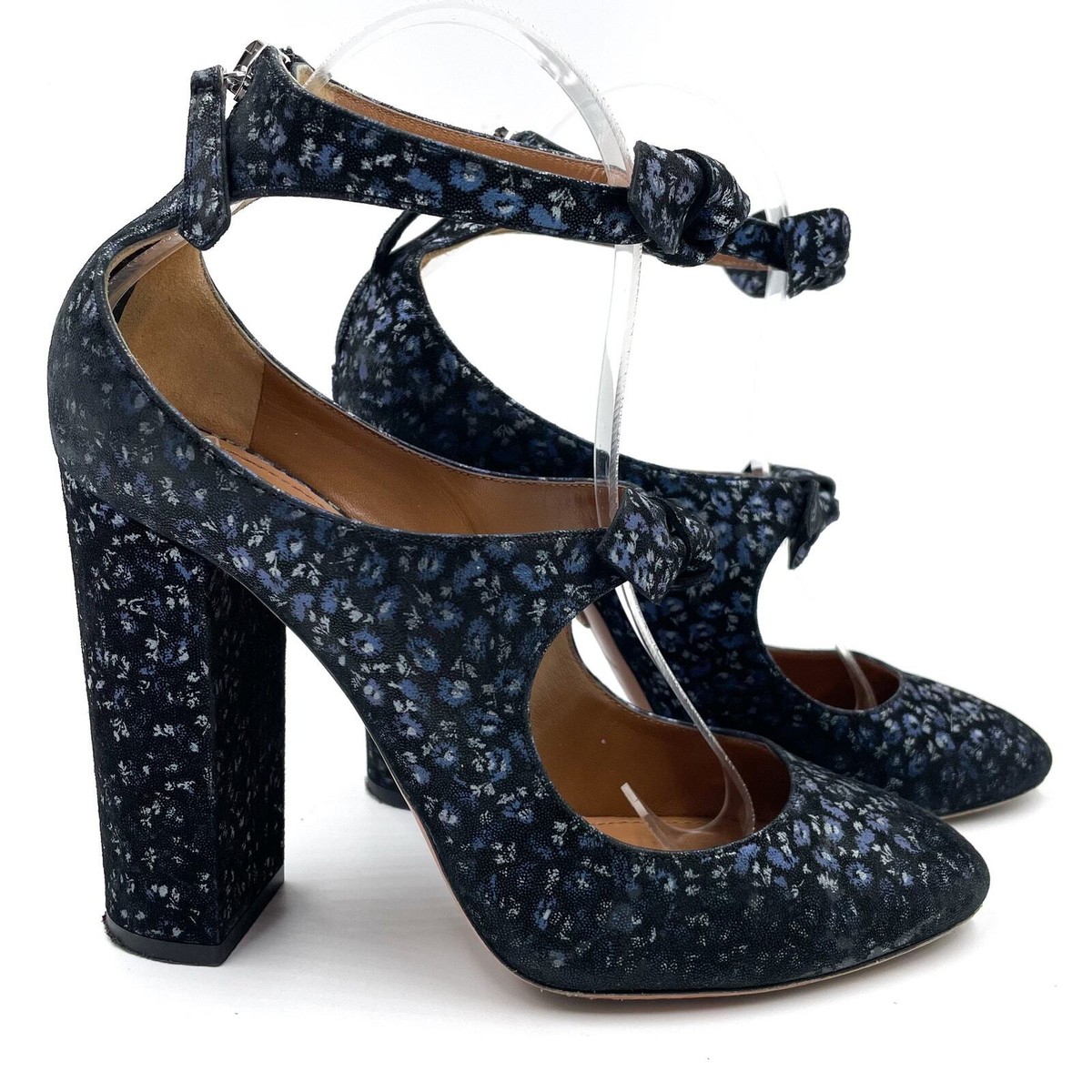 Aquazzura Sandy Pump Black Floral Bow Straps Block Heels Sz Aquazzura Sandy Pump Black Floral Bow Straps Block Heels Sz
