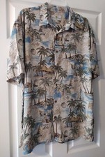 Island Shores Men's Hawaiian Shirt Size XL Button Front Tan Palm Trees Sailboats