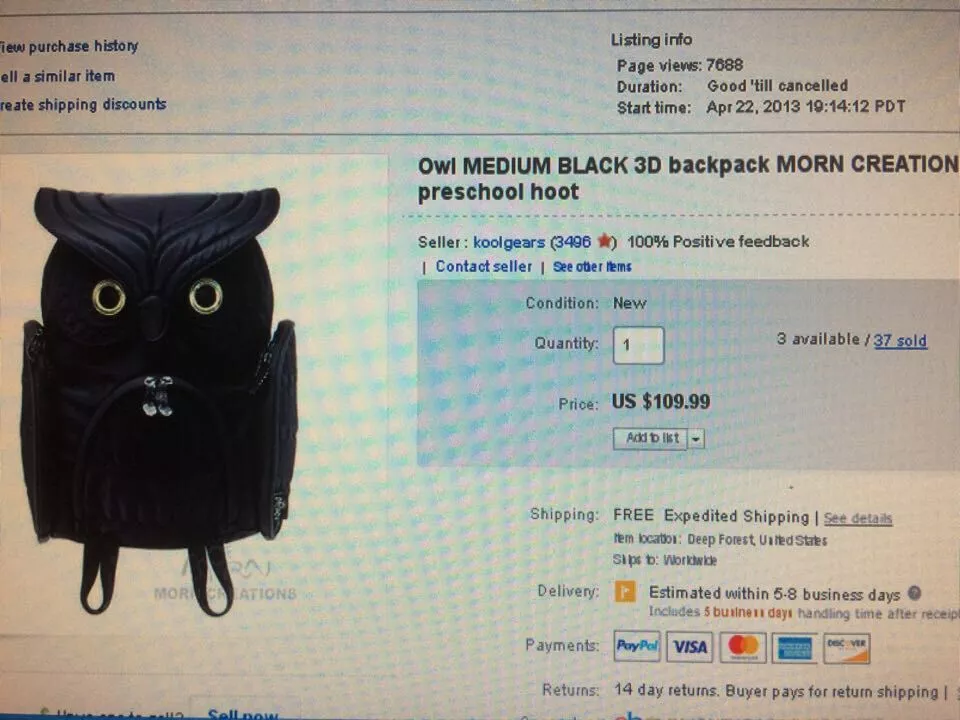 Owl MEDIUM BLACK 3D backpack MORN CREATIONS bag LADY kindergarten