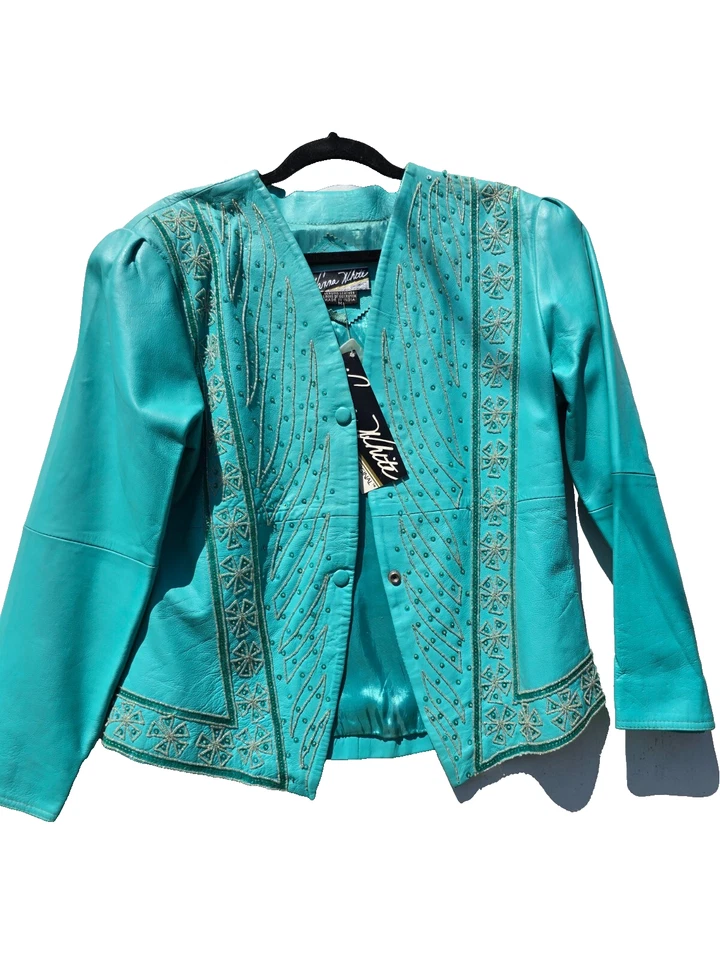 Traje Vanna Blanco Original Cuentas Cuero Turquesa Años 80 Vintage Nuevo Con Etiquetas Foto 3 de 4