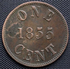 1855 PEI - ONE CENT COPPER TOKEN - FISHERIES & AGRICULTURE - PE-6A1 Plain 5's