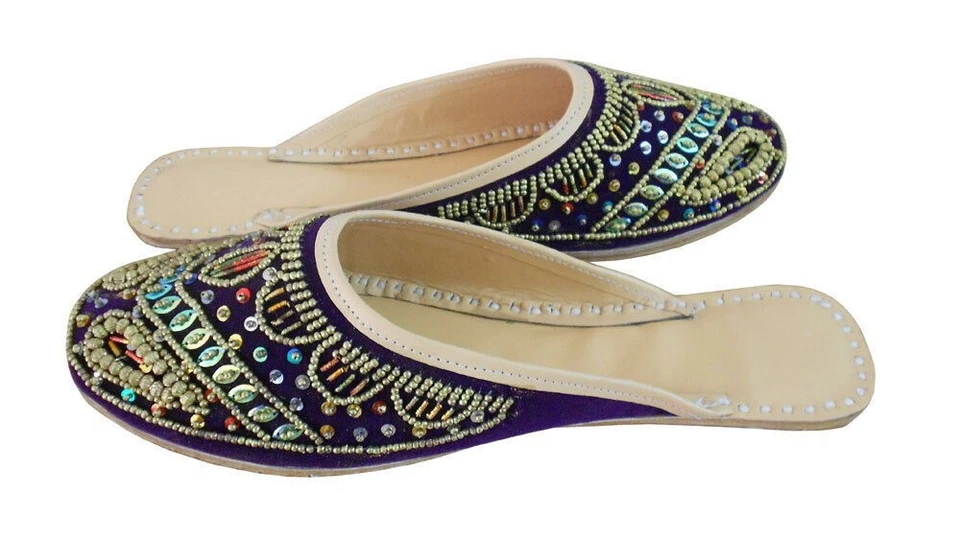 Mujer Zuecos Zapatillas Indias Cuero Hecho a Mano Abierto Jutties Pisos Púrpura EE. UU. 8 Foto 2 de 4