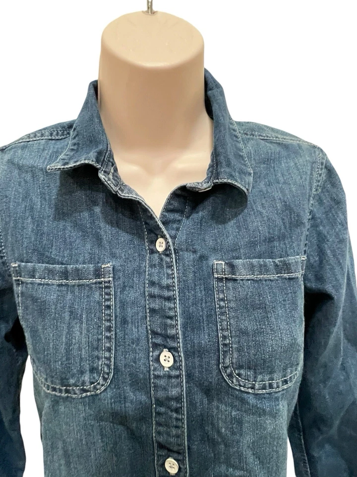 Blusa Denim Azul Grande Azul Marino Antigua Para Mujer Manga Larga Cuerpo Largo Dos Bolsillos Botón Foto 2 de 4
