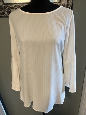 ROZ & ALI Shirt Womens Small Off White Gold Striped Bell Sleeve 3/4, Button Back