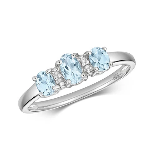 Bague Femme Trilogie Or Blanc 9 k/carat et Diamant avec Aquamarine - Photo 1/1