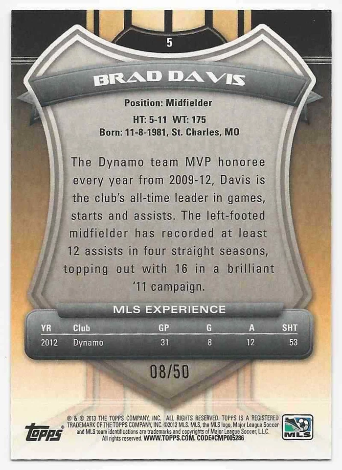 2013 Topps MLS Blue Brad Davis 08/50 #5 - Image 2 of 2