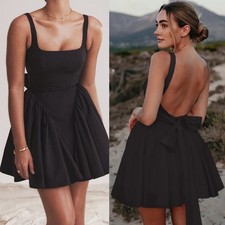 House of CB Florianne Black Bow Mini Dress Womens Size M Square Neck Open Back