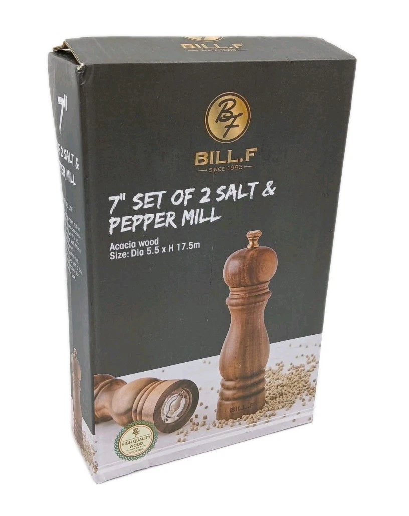 Set Of 2 BILL.F Salt and Pepper 7" Acacia Wood Mill Grinder