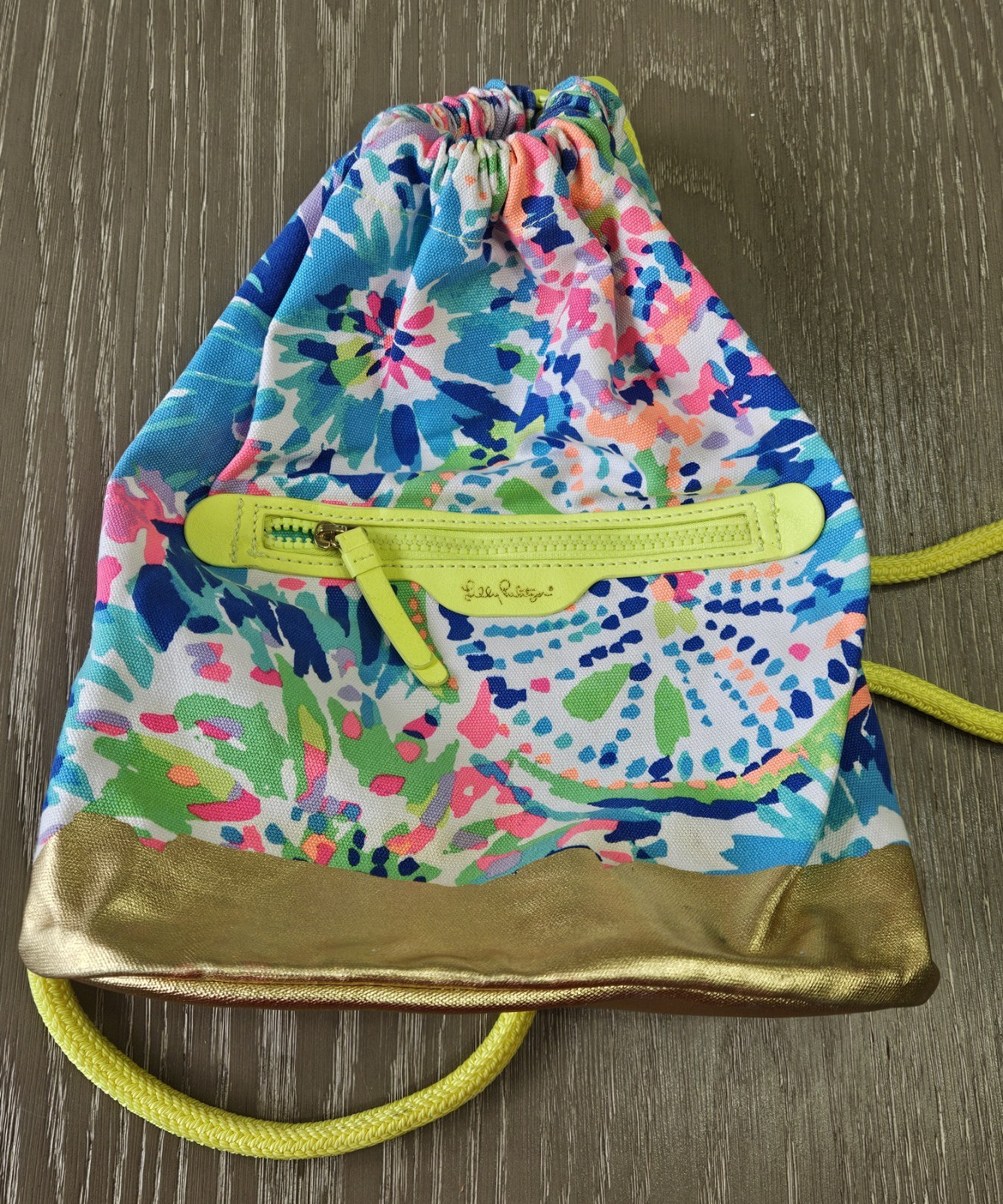 Lilly Pulitzer drawstring backpack bucket bag gol… - image 9