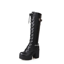 Womens Lace Up Buckle Strap Platform High Chunky Heel Knee High Warm Winter Boot