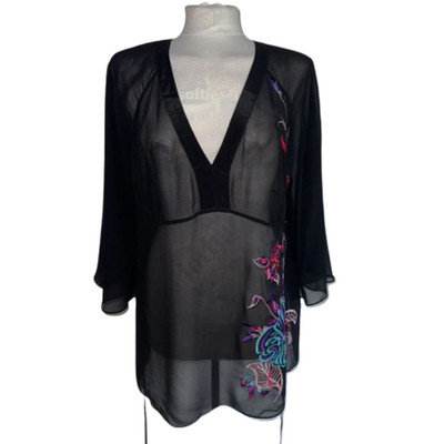 Ghost London Cover Up große schwarze Tunika durchsichtig Blumen bestickt Kaftan Strand