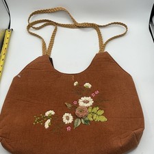 Vintage Brown Floral Appliqu  Handbag Boho Ribbon Embroidered Shoulder Purse