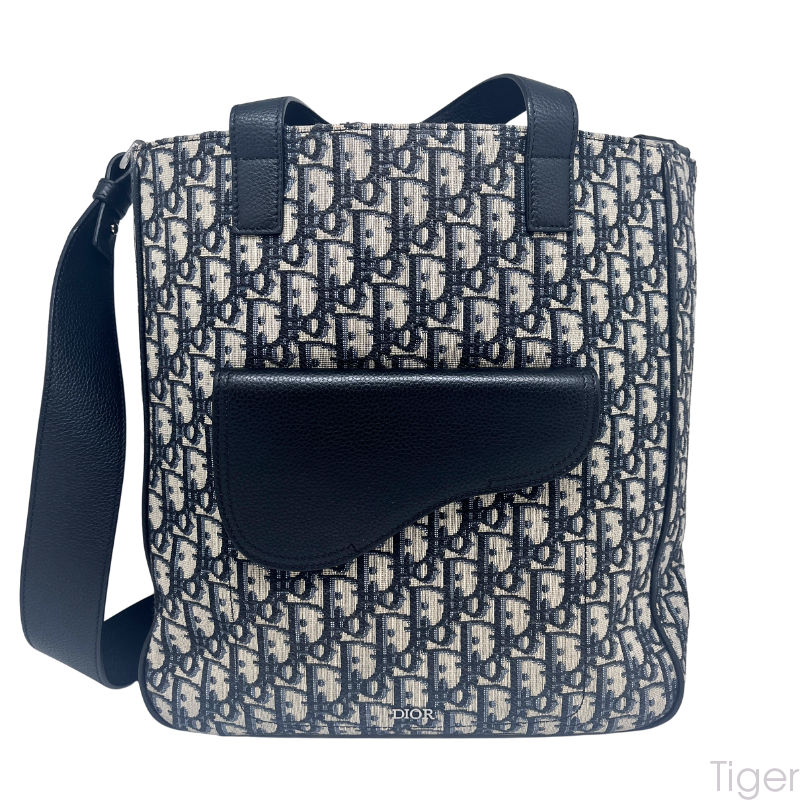 Dior blue monogram patchwork embroidered leather saddle tote crossbody bag