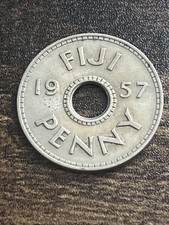 1957 Fiji 1 One Penny AU Uncirculated Elizabeth ll Holed Actual Coin TC1513*