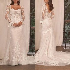 Chic Lace Mermaid Wedding Dresses Bell Long Sleeves Appliques Sweetheart Neck