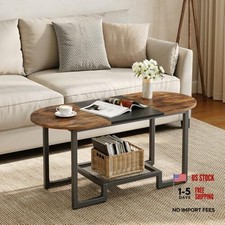 Coffee Table, Oval Small Coffee Table with 2-Tier Storage Shelf, Narrow