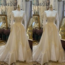 Victorian Vintage Satin Wedding Dresses Long Sleeves A Line Train Bridal Gowns