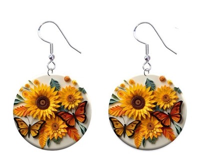Sunflower & Butterflies 3D Look Button Earrings Jewelry 1'' Dangle MADE IN USA
