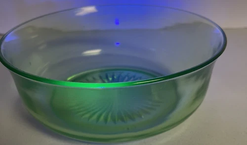 Vintage Hazel Atlas 8” Green Uranium Depression Glass Mixing Bowl Glows