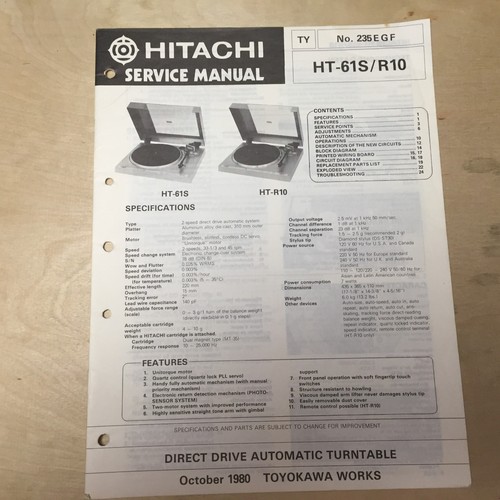 Hitachi Service Manual for the HT-61S HT-R10 Turntable ~ Repair - Afbeelding 1 van 1