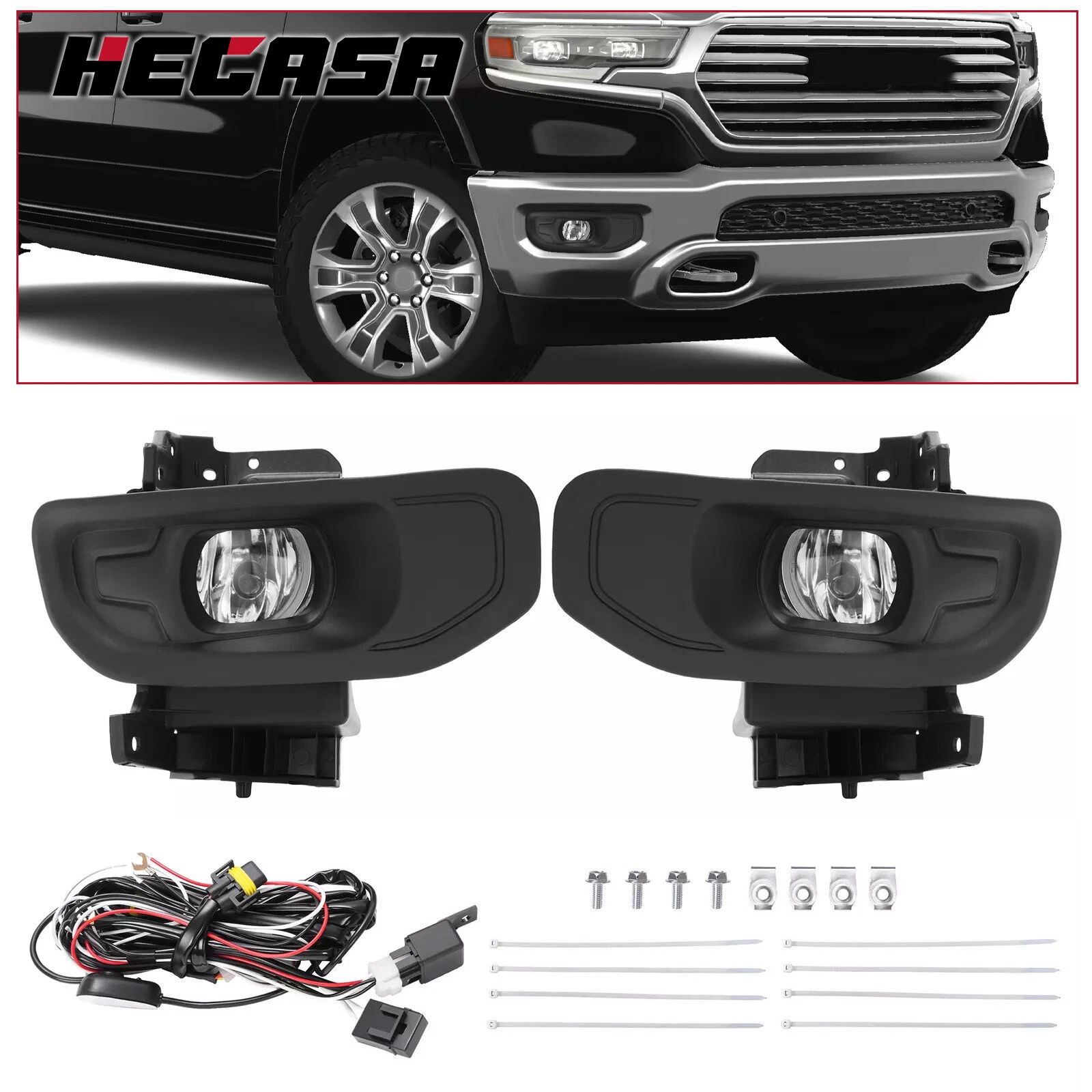 HECASA For Ram 1500 2019-2024 Halogen Bumper Fog Lights Driving Lamps w/ Switch - product detail image 1