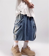 Japanese Mens Jeans Denim Wide Leg pants Casual Baggy Big pocket shorts