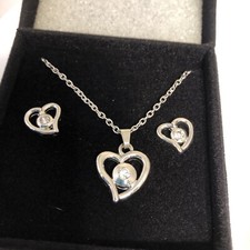 Heart Shaped Necklace Earrings Set Silvertone
