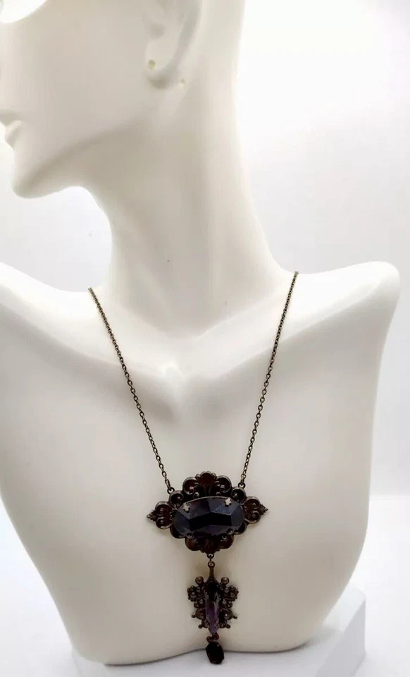 Colar de pedras preciosas estilo designer vitoriano bronze tom roxo resina joias - Imagem 3 de 4