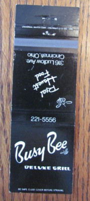 CINCINNATI, OHIO MATCHBOOK COVER: BUSY BEE GRILL RESTAURANT EMPTY MATCHCOVER -D