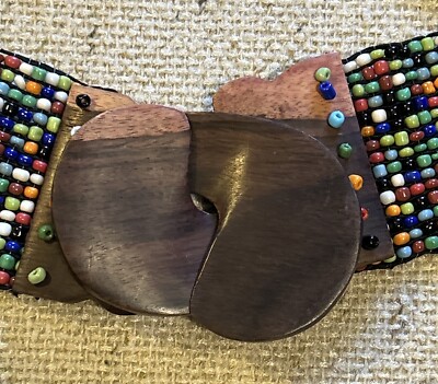 Vtg Statement Multi Color Bead W/ Wood Buckle Stretch Belt  display picture 1