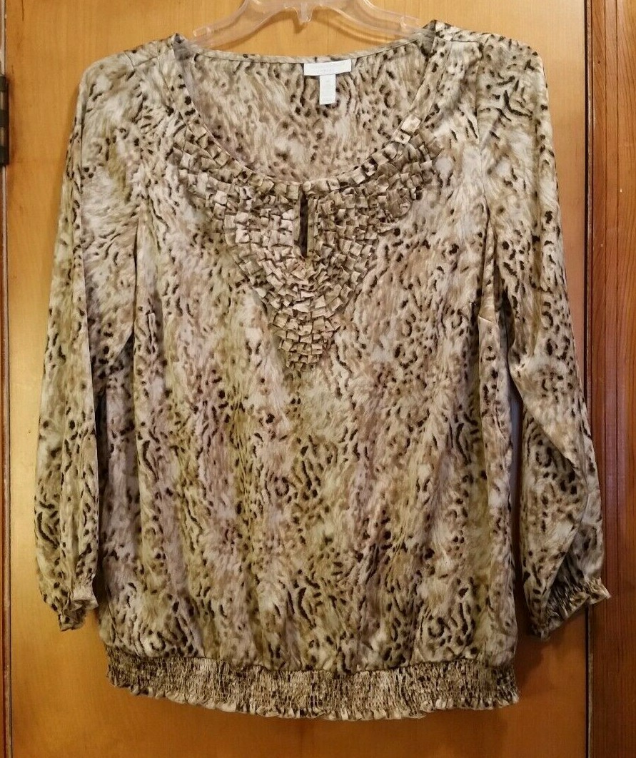 CHARTER CLUB WOMAN Leopard Print Ruffle Front Long Sleeve Peasant Blouse Plus 0X