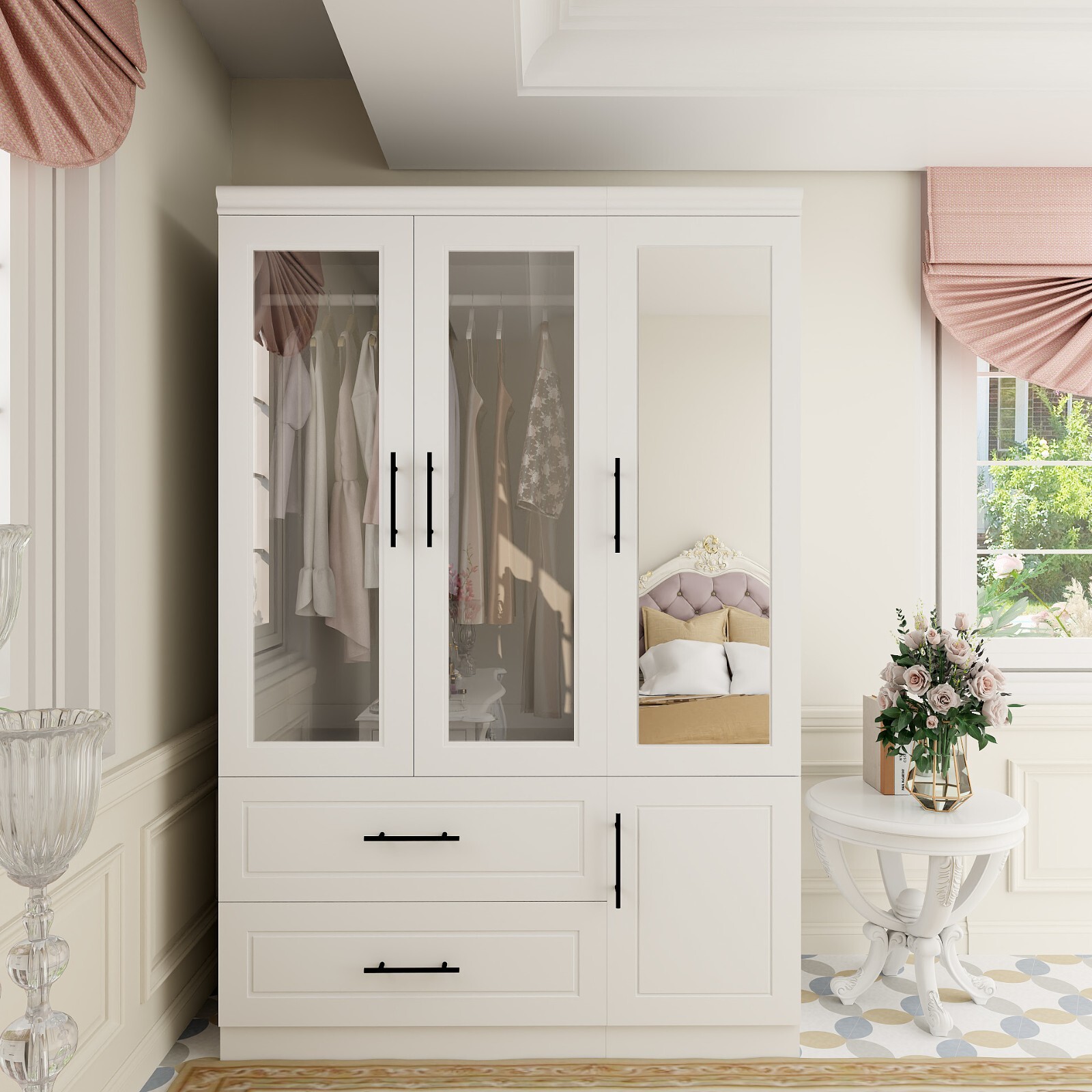 Wooden 3-Door Wardrobe Armoire with 2 Drawers and Mirror for Closet Organization-image