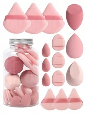15pcs Soft Velvet Makeup Sponge & Puff Set – Latex-Free Beauty Blenders with Jar