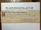1866 Post- Civil War- MARRIAGE CERTIFICATE- Union JAMES W. SHARP - 6th OHIO Inf.