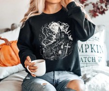 Retro Haunted House Sweatshirt, Black Cat Graveyard Tee, Gothic Halloween Style