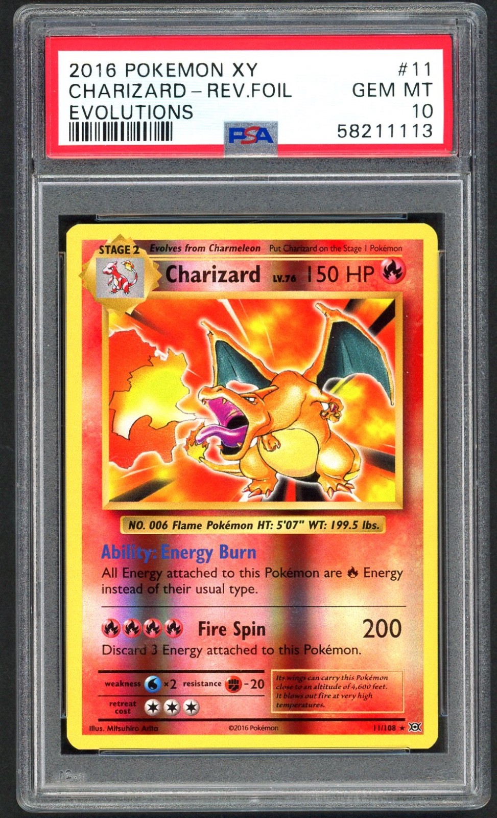 Pokemon Card - PSA 10 Charizard 11/108 - Reverse Holo XY Evolutions GEM MT PSA10