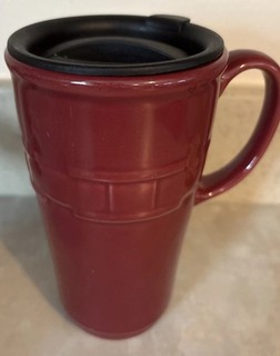 Longaberger Pottery Woven Traditions Burgundy Tall Travel Mug /Lid 16 oz