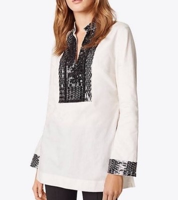 $600 TORY BURCH Embellished Black Sequin Ivory Tunic Shirt Womens SZ 8 BRAND NEW