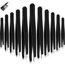 12 Pcs Eyebrow Tweezers Set Stainless Steel Slant Tip Brow Tweezer for Women Men