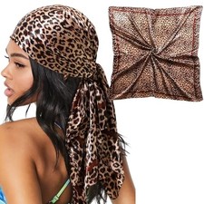35" Large Satin Head Scarf for Women Silk Hair Scarf Solid Leopard Brown 