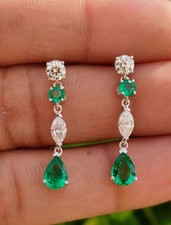 2.21 Ct  Pear Cut Emerald Earrings Wedding Earrings 14k White Gold