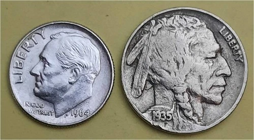 Lot of 2 Coins- 1 90% Silver Roosevelt 10c (1964P) & 1 Better Buffalo 5c (1935P)