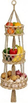 3 Tier Hanging Fruit Baskets for Kitchen, Macrame Plant Hanger Cotton R