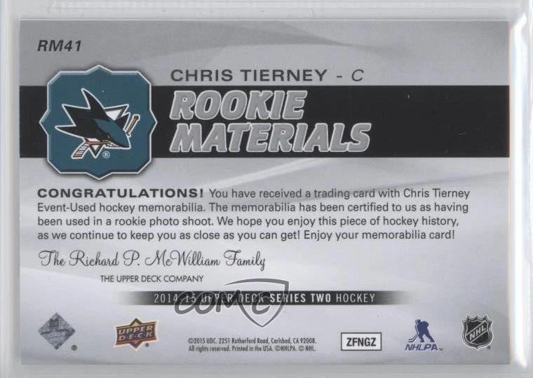 2014-15 Upper Deck Rookie Materials Chris Tierney #RM41 RC - Image 2 of 2